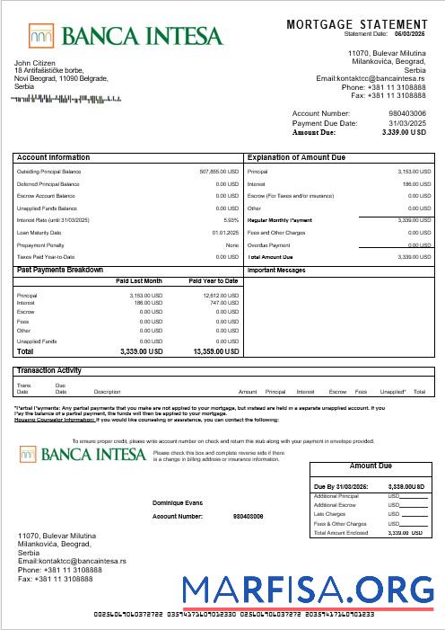 Realistic Serbia Banca Intesa mortgage statement in Word and PDF formats sample